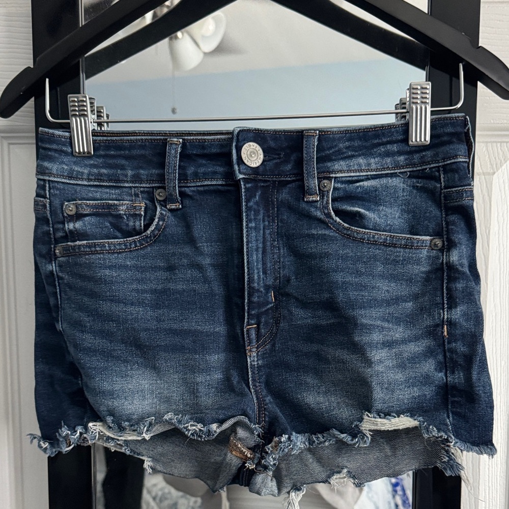 American Eagle Outfitters Dark Blue Frayed Denim Shorts
